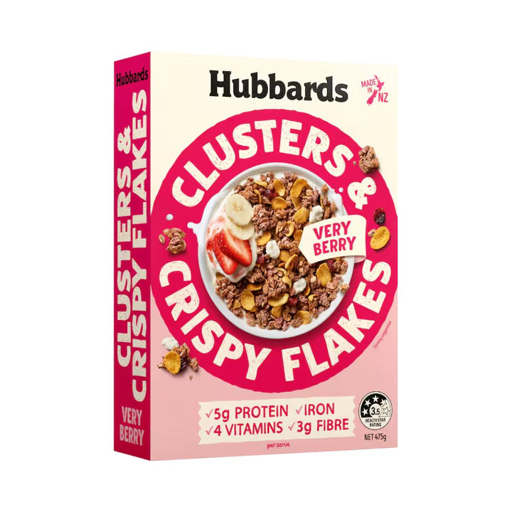 Hubbards Berry Clusters and Crispy Flakes | Auckland Grocery Delivery Get Hubbards Berry Clusters and Crispy Flakes delivered to your doorstep by your local Auckland grocery delivery. Shop Paddock To Pantry. Convenient online food shopping in NZ | Grocery Delivery Auckland | Grocery Delivery Nationwide | Fruit Baskets NZ | Online Food Shopping NZ Hubbards Berry Clusters & Crispy Flakes cereal. Crunchy berry clusters with crispy flakes for a tasty breakfast. NZ delivery.