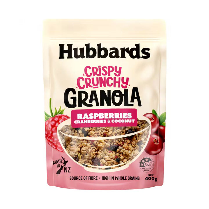 Hubbards Crispy Crunchy Raspberry and Cranberry Granola | Auckland Grocery Delivery Get Hubbards Crispy Crunchy Raspberry and Cranberry Granola delivered to your doorstep by your local Auckland grocery delivery. Shop Paddock To Pantry. Convenient online food shopping in NZ | Grocery Delivery Auckland | Grocery Delivery Nationwide | Fruit Baskets NZ | Online Food Shopping NZ Hubbards Raspberry & Cranberry Granola. Crispy toasted oats with berry flavour for a crunchy breakfast. NZ grocery delivery.
