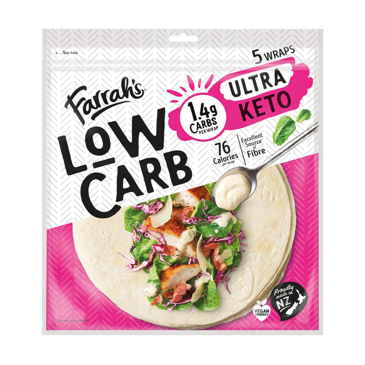 Farrahs Low Carb Wraps Ultra Keto | Auckland Grocery Delivery Get Farrahs Low Carb Wraps Ultra Keto delivered to your doorstep by your local Auckland grocery delivery. Shop Paddock To Pantry. Convenient online food shopping in NZ | Grocery Delivery Auckland | Grocery Delivery Nationwide | Fruit Baskets NZ | Online Food Shopping NZ Farrah’s Low Carb Ultra Keto Wraps. Soft, flexible wraps for keto meals — shop healthy groceries online with convenient NZ delivery to your door.