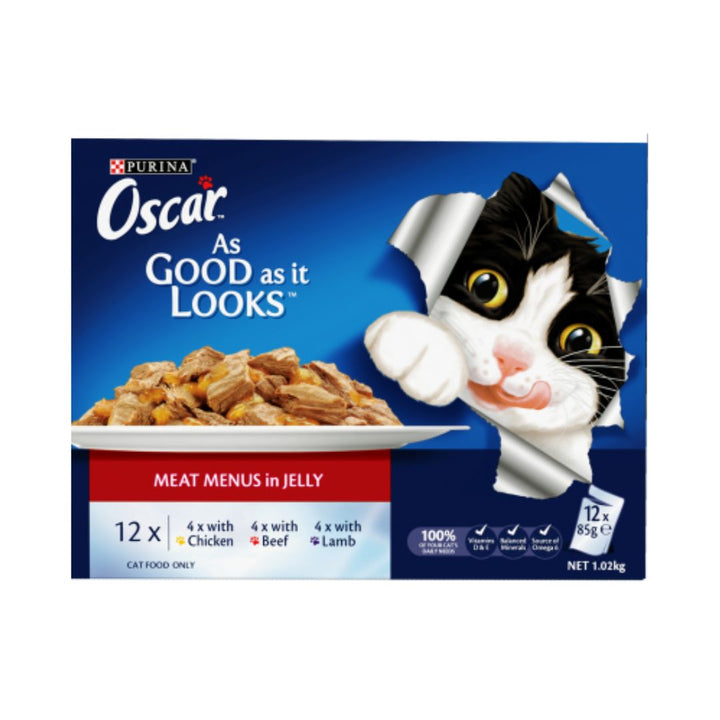 Oscar Jelly Meat 12pk | Auckland Grocery Delivery Get Oscar Jelly Meat 12pk delivered to your doorstep by your local Auckland grocery delivery. Shop Paddock To Pantry. Convenient online food shopping in NZ | Grocery Delivery Auckland | Grocery Delivery Nationwide | Fruit Baskets NZ | Online Food Shopping NZ Oscar Agail Jelly Meat Cat Food. Tender meat in jelly for happy, healthy cats — shop pet food online with convenient NZ grocery delivery to your door.