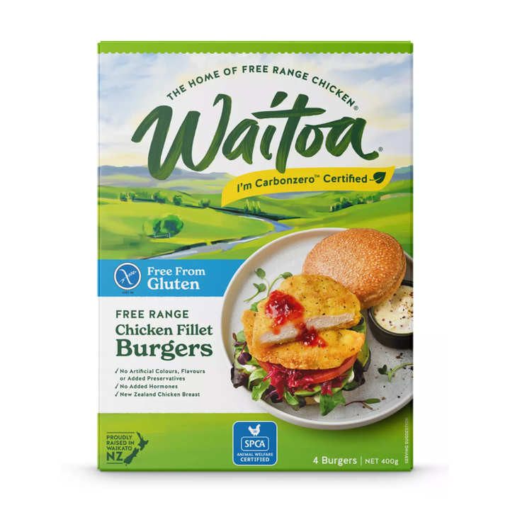 Waitoa Gluten Free Chicken Burger 400g | Auckland Grocery Delivery Get Waitoa Gluten Free Chicken Burger 400g delivered to your doorstep by your local Auckland grocery delivery. Shop Paddock To Pantry. Convenient online food shopping in NZ | Grocery Delivery Auckland | Grocery Delivery Nationwide | Fruit Baskets NZ | Online Food Shopping NZ Free From Gluten, Waitoa Free Range Chicken Fillet Burgers are made from 100% New Zealand chicken breast coated in a gluten-free crumb. 