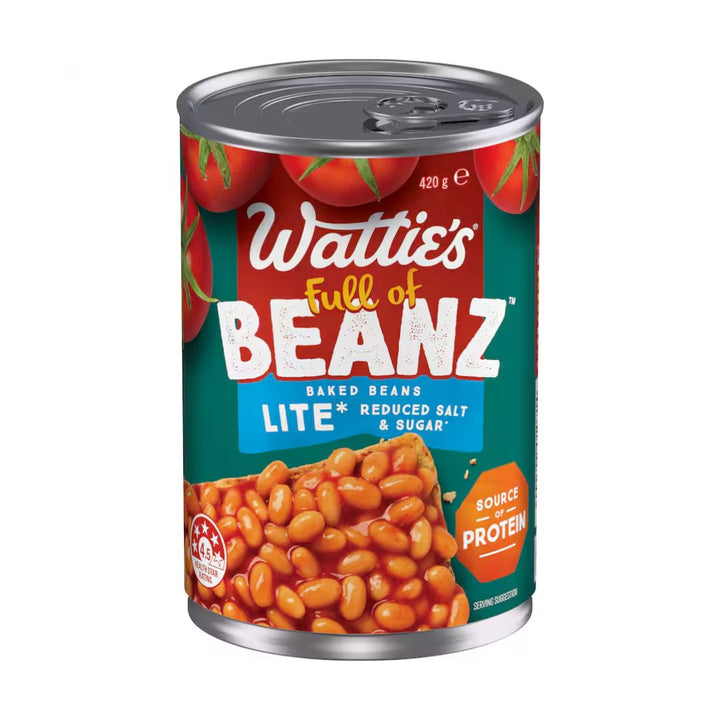 Wattie’s Baked Beanz Lite | Auckland Grocery Delivery Get Wattie’s Baked Beanz Lite delivered to your doorstep by your local Auckland grocery delivery. Shop Paddock To Pantry. Convenient online food shopping in NZ | Grocery Delivery Auckland | Grocery Delivery Nationwide | Fruit Baskets NZ | Online Food Shopping NZ Watties Baked Beans with 50% Less Sugar 420g The same great Wattie's® baked bean taste now with 50% less added sugar and 30% less salt!