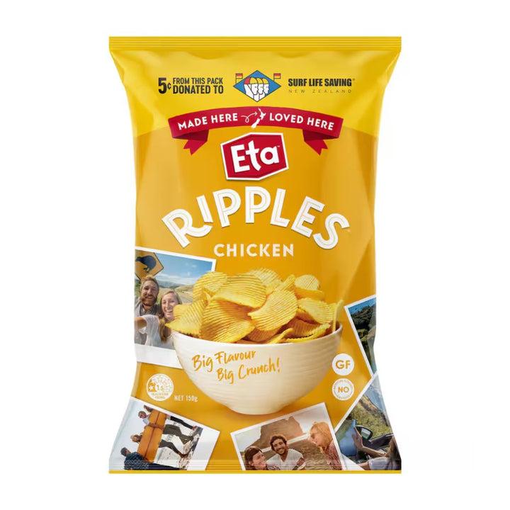 Eta Ripples Chicken Chips ETA Ripples Chicken Chips. Thick-cut, ridged crisps with classic chicken flavour — shop snacks online with convenient NZ grocery delivery to your door.