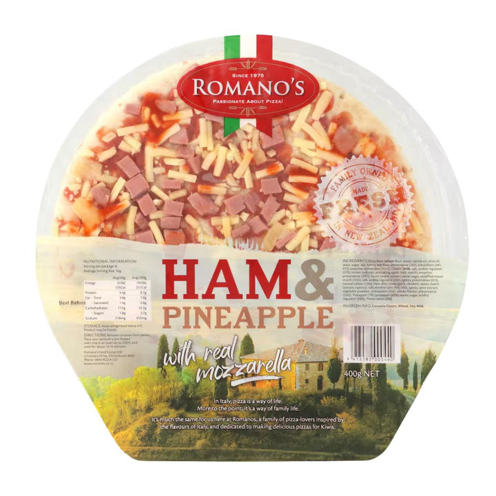 Romanos Pizza Ham & Pineapple | Auckland Grocery Delivery Get Romanos Pizza Ham & Pineapple delivered to your doorstep by your local Auckland grocery delivery. Shop Paddock To Pantry. Convenient online food shopping in NZ | Grocery Delivery Auckland | Grocery Delivery Nationwide | Fruit Baskets NZ | Online Food Shopping NZ Romano’s Ham & Pineapple Pizza. Sweet and savoury pizza for easy family meals — shop frozen favourites online with convenient NZ grocery delivery.