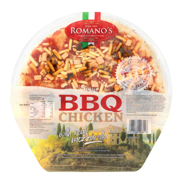 Romanos Pizza BBQ Chicken | Auckland Grocery Delivery Get Romanos Pizza BBQ Chicken delivered to your doorstep by your local Auckland grocery delivery. Shop Paddock To Pantry. Convenient online food shopping in NZ | Grocery Delivery Auckland | Grocery Delivery Nationwide | Fruit Baskets NZ | Online Food Shopping NZ Romano’s BBQ Chicken Pizza. Smoky BBQ chicken and cheese for easy family meals — shop frozen favourites online with convenient NZ grocery delivery.