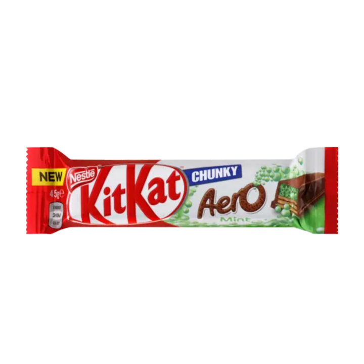Kit Kat Chunky Aero Mint - 45g | Auckland Grocery Delivery Get Kit Kat Chunky Aero Mint - 45g delivered to your doorstep by your local Auckland grocery delivery. Shop Paddock To Pantry. Convenient online food shopping in NZ | Grocery Delivery Auckland | Grocery Delivery Nationwide | Fruit Baskets NZ | Online Food Shopping NZ Nestle Kit Kat Chunky 50g offers a thick and satisfying chocolate-covered wafer bar. Enjoy the classic Kit Kat crunch in a larger, more indulgent size.