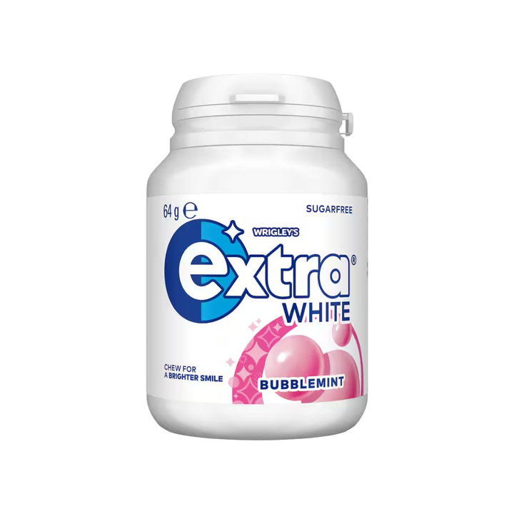 Extra White Bubblemint Bottle - 64g | Auckland Grocery Delivery Get Extra White Bubblemint Bottle - 64g delivered to your doorstep by your local Auckland grocery delivery. Shop Paddock To Pantry. Convenient online food shopping in NZ | Grocery Delivery Auckland | Grocery Delivery Nationwide | Fruit Baskets NZ | Online Food Shopping NZ Sugar-free Bubblemint gum for long-lasting freshness and a whiter smile. Perfect for work or travel. Shop Extra Gum online NZ-wide.