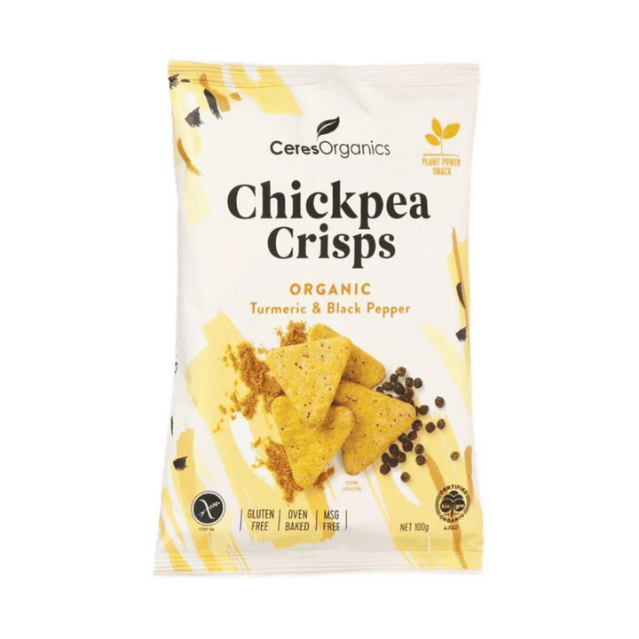 Ceres Organics Chickpea Crisps Turmeric & Black Pepper | Auckland Grocery Delivery Get Ceres Organics Chickpea Crisps Turmeric & Black Pepper delivered to your doorstep by your local Auckland grocery delivery. Shop Paddock To Pantry. Convenient online food shopping in NZ | Grocery Delivery Auckland | Grocery Delivery Nationwide | Fruit Baskets NZ | Online Food Shopping NZ Ceres Organics Chickpea Crisps Turmeric & Black Pepper These light and crunchy crisps have it all. Added nutrition of chickpeas.