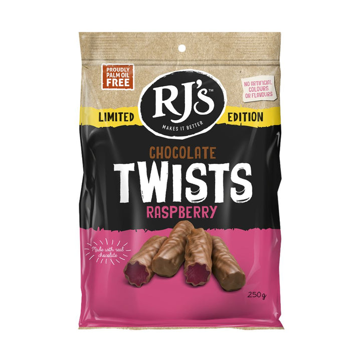 RJ’s Limited Edition Raspberry Chocolate Coated Twists - 250g | Auckland Grocery Delivery Get RJ’s Limited Edition Raspberry Chocolate Coated Twists - 250g delivered to your doorstep by your local Auckland grocery delivery. Shop Paddock To Pantry. Convenient online food shopping in NZ | Grocery Delivery Auckland | Grocery Delivery Nationwide | Fruit Baskets NZ | Online Food Shopping NZ 