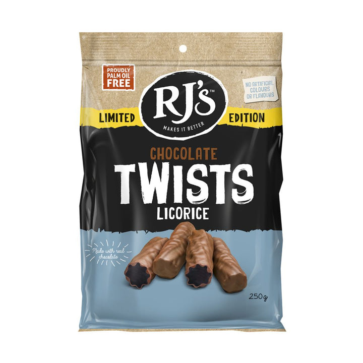 RJ’s Limited Edition Licorice Chocolate Coated Twists - 250g | Auckland Grocery Delivery Get RJ’s Limited Edition Licorice Chocolate Coated Twists - 250g delivered to your doorstep by your local Auckland grocery delivery. Shop Paddock To Pantry. Convenient online food shopping in NZ | Grocery Delivery Auckland | Grocery Delivery Nationwide | Fruit Baskets NZ | Online Food Shopping NZ 