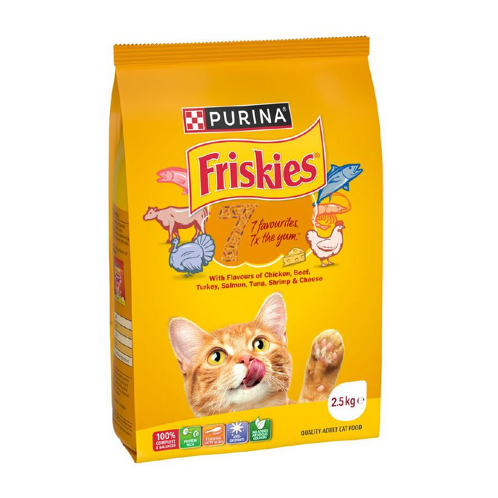 Purina Friskies 7 Favourites - 2.5kg | Auckland Grocery Delivery Get Purina Friskies 7 Favourites - 2.5kg delivered to your doorstep by your local Auckland grocery delivery. Shop Paddock To Pantry. Convenient online food shopping in NZ | Grocery Delivery Auckland | Grocery Delivery Nationwide | Fruit Baskets NZ | Online Food Shopping NZ Purina Friskies 7 Favourites 2.5kg With Friskies 7, every crunchy bite combines the taste of real chicken, beef, turkey, salmon, tuna, shrimp and cheese. 