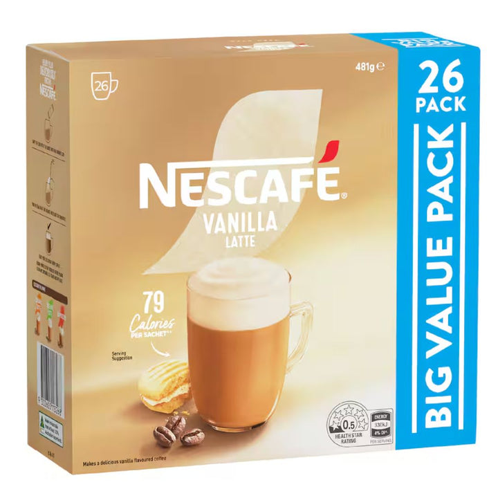 Nescafe Vanilla Latte Sachets 481g | Auckland Grocery Delivery Get Nescafe Vanilla Latte Sachets 481g delivered to your doorstep by your local Auckland grocery delivery. Shop Paddock To Pantry. Convenient online food shopping in NZ | Grocery Delivery Auckland | Grocery Delivery Nationwide | Fruit Baskets NZ | Online Food Shopping NZ Nescafe Vanilla Latte Sachets 481g Savour an indulgent frothy moment with Nescafe cafe everyday vanilla coffee sachets. 