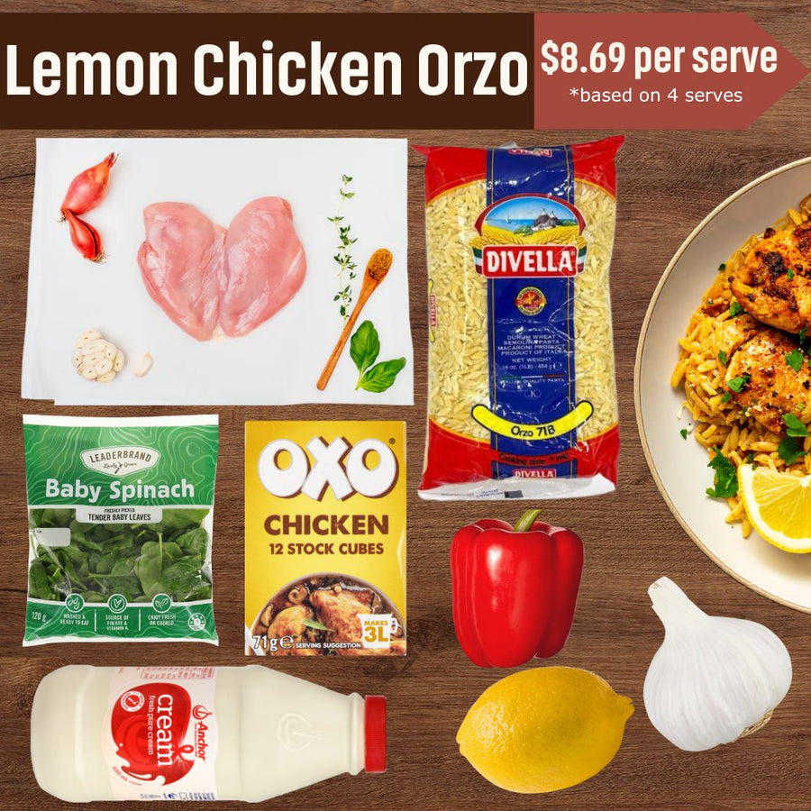 Lemon Chicken Orzo Bundle | Auckland Grocery Delivery Get Lemon Chicken Orzo Bundle delivered to your doorstep by your local Auckland grocery delivery. Shop Paddock To Pantry. Convenient online food shopping in NZ | Grocery Delivery Auckland | Grocery Delivery Nationwide | Fruit Baskets NZ | Online Food Shopping NZ Lemon Chicken Orzo dinner kit – easy, fresh meal bundle with chicken, orzo & veggies. Quick dinner idea, perfect for family meals or weeknight cooking.