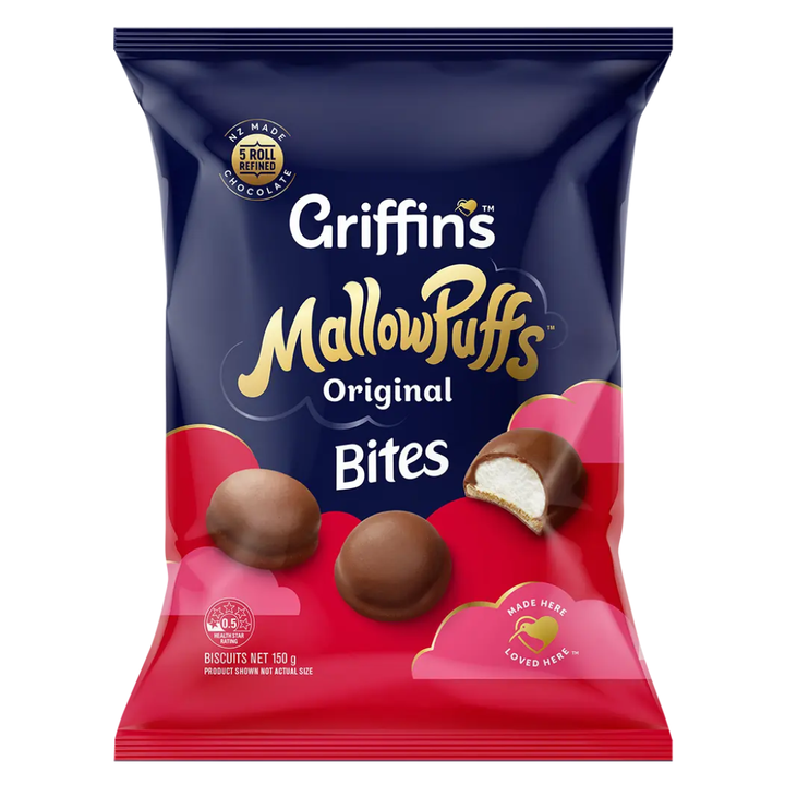 Griffins MallowPuff Bites 150g | Auckland Grocery Delivery Get Griffins MallowPuff Bites 150g delivered to your doorstep by your local Auckland grocery delivery. Shop Paddock To Pantry. Convenient online food shopping in NZ | Grocery Delivery Auckland | Grocery Delivery Nationwide | Fruit Baskets NZ | Online Food Shopping NZ Griffins Mallow Puff Bites mouthfuls of delightfully fluffy marshmallow biscuits covered in luxurious milk chocolate. Quality groceries delivered.