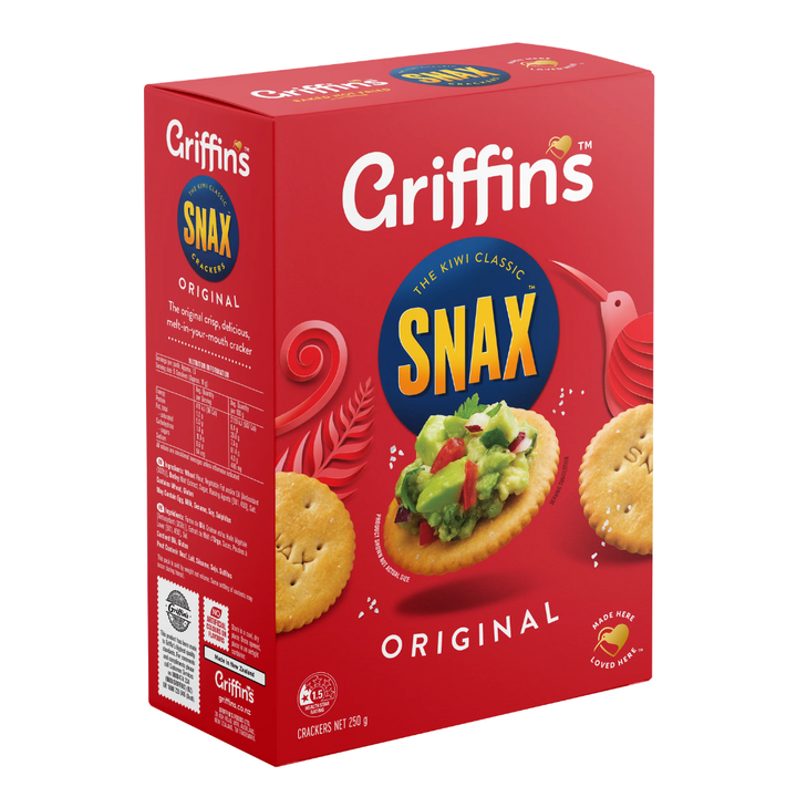Griffins Snax Crackers 250g | Auckland Grocery Delivery Get Griffins Snax Crackers 250g delivered to your doorstep by your local Auckland grocery delivery. Shop Paddock To Pantry. Convenient online food shopping in NZ | Grocery Delivery Auckland | Grocery Delivery Nationwide | Fruit Baskets NZ | Online Food Shopping NZ Griffins Snax 135g Griffin's Snax Original Crackers are a popular Kiwi favourite. A melt in your mouth cracker that will suit a variety of toppings. 