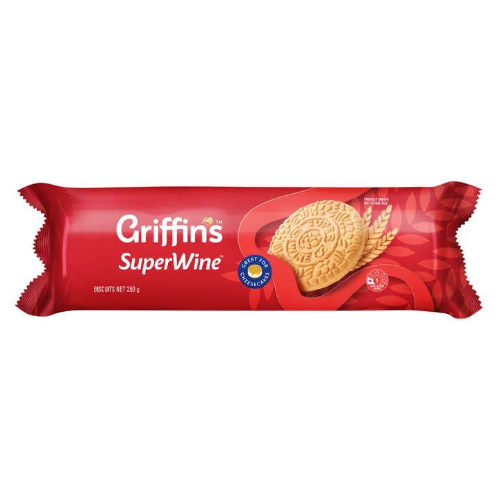 Griffins Super Wine 250g | Auckland Grocery Delivery Get Griffins Super Wine 250g delivered to your doorstep by your local Auckland grocery delivery. Shop Paddock To Pantry. Convenient online food shopping in NZ | Grocery Delivery Auckland | Grocery Delivery Nationwide | Fruit Baskets NZ | Online Food Shopping NZ Griffins Super Wine A crunchy, crispy classic sweet vanilla flavoured biscuit. contains no artificial colours or flavours.