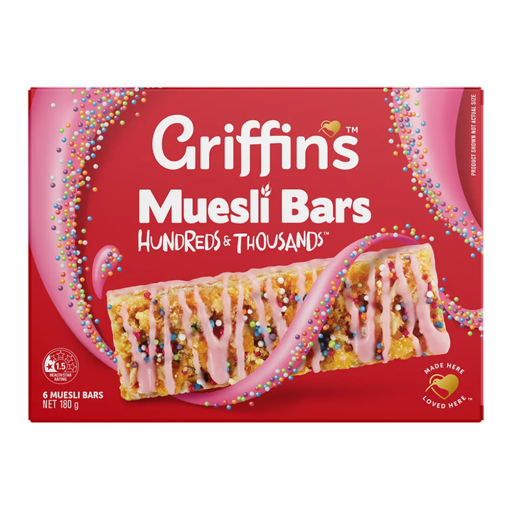 Griffins Hundreds & Thousands Muesli Bars | Auckland Grocery Delivery Get Griffins Hundreds & Thousands Muesli Bars delivered to your doorstep by your local Auckland grocery delivery. Shop Paddock To Pantry. Convenient online food shopping in NZ | Grocery Delivery Auckland | Grocery Delivery Nationwide | Fruit Baskets NZ | Online Food Shopping NZ Chewy muesli bars with hundreds and thousands, perfect for kids’ lunchboxes and everyday snacking. A fun family favourite delivered nationwide.