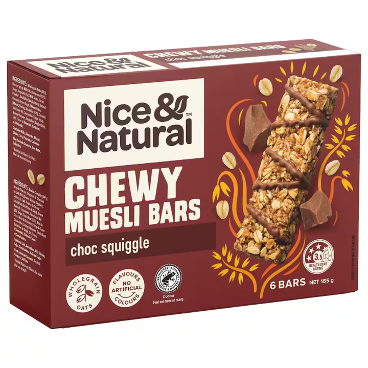 Nice & Natural Choc Squiggle Chewy Muesli Bars | Auckland Grocery Delivery Get Nice & Natural Choc Squiggle Chewy Muesli Bars delivered to your doorstep by your local Auckland grocery delivery. Shop Paddock To Pantry. Convenient online food shopping in NZ | Grocery Delivery Auckland | Grocery Delivery Nationwide | Fruit Baskets NZ | Online Food Shopping NZ Chewy muesli bars with a chocolate squiggle, perfect for lunchboxes and everyday snacking. A family favourite delivered nationwide.