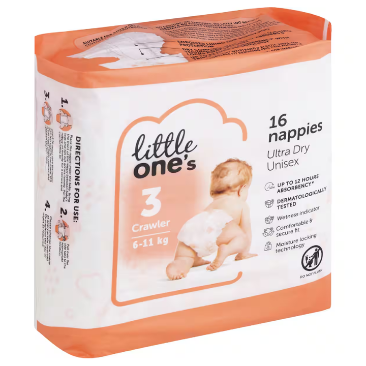 Little Ones Size 3 Crawler 6-11 kg's Nappies | Auckland Grocery Delivery Get Little Ones Size 3 Crawler 6-11 kg's Nappies delivered to your doorstep by your local Auckland grocery delivery. Shop Paddock To Pantry. Convenient online food shopping in NZ | Grocery Delivery Auckland | Grocery Delivery Nationwide | Fruit Baskets NZ | Online Food Shopping NZ Little Ones Size 3 Crawler Nappies is a great quality and value baby care range. Quality baby needs delivered to your home at your convenience. 