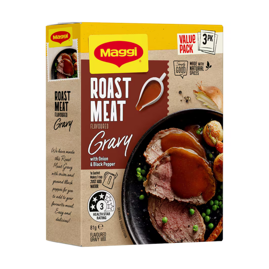 Maggi Roast Meat Gravy 27g | Auckland Grocery Delivery Get Maggi Roast Meat Gravy 27g delivered to your doorstep by your local Auckland grocery delivery. Shop Paddock To Pantry. Convenient online food shopping in NZ | Grocery Delivery Auckland | Grocery Delivery Nationwide | Fruit Baskets NZ | Online Food Shopping NZ Maggi Roast Meat Gravy 27g - 3 Pack delivers a hearty and savory gravy for your roast meats. Meat sauces available at Paddock to Pantry for delivery.