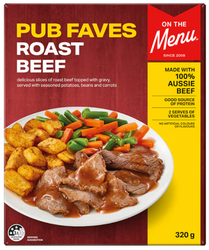 Watties On The Menu Roast Beef 320g | Auckland Grocery Delivery Get Watties On The Menu Roast Beef 320g delivered to your doorstep by your local Auckland grocery delivery. Shop Paddock To Pantry. Convenient online food shopping in NZ | Grocery Delivery Auckland | Grocery Delivery Nationwide | Fruit Baskets NZ | Online Food Shopping NZ Succulent 100% Aussie roast beef in rich gravy, high in protein. Ready-to-heat and perfect for convenient online grocery delivery NZ-wide.