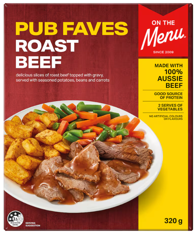 Watties On The Menu Roast Beef 320g | Auckland Grocery Delivery Get Watties On The Menu Roast Beef 320g delivered to your doorstep by your local Auckland grocery delivery. Shop Paddock To Pantry. Convenient online food shopping in NZ | Grocery Delivery Auckland | Grocery Delivery Nationwide | Fruit Baskets NZ | Online Food Shopping NZ Succulent 100% Aussie roast beef in rich gravy, high in protein. Ready-to-heat and perfect for convenient online grocery delivery NZ-wide.
