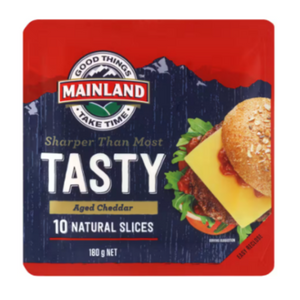 Mainland Tasty Cheese Slices - 180g | Auckland Grocery Delivery Get Mainland Tasty Cheese Slices - 180g delivered to your doorstep by your local Auckland grocery delivery. Shop Paddock To Pantry. Convenient online food shopping in NZ | Grocery Delivery Auckland | Grocery Delivery Nationwide | Fruit Baskets NZ | Online Food Shopping NZ Mainland have done the hardwork for you with these Tasty Cheese Slices! Add to your favourite sandwich or have as a tasty snack! Get grocery delivery today.