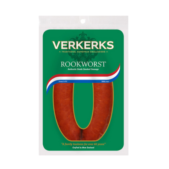 Verkerks Rookworst - 300g | Auckland Grocery Delivery Get Verkerks Rookworst - 300g delivered to your doorstep by your local Auckland grocery delivery. Shop Paddock To Pantry. Convenient online food shopping in NZ | Grocery Delivery Auckland | Grocery Delivery Nationwide | Fruit Baskets NZ | Online Food Shopping NZ Verkerks Rookworst is a deliciously versatile, authentic dutch smoked sausage. Shop the groceries you love with ease with our Online Grocery NZ Wide Delivery.