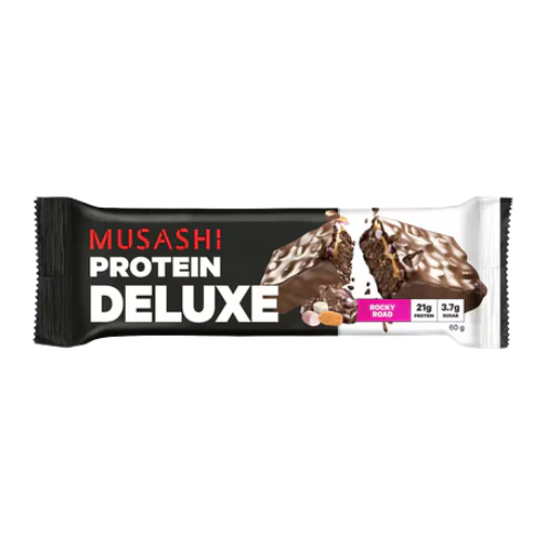 Musashi Deluxe Protein Bar Rocky Road Flavour 60g | Auckland Grocery Delivery Get Musashi Deluxe Protein Bar Rocky Road Flavour 60g delivered to your doorstep by your local Auckland grocery delivery. Shop Paddock To Pantry. Convenient online food shopping in NZ | Grocery Delivery Auckland | Grocery Delivery Nationwide | Fruit Baskets NZ | Online Food Shopping NZ 