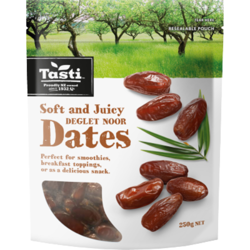 Tasti Soft And Juicy Deglet Noor Dates 250g | Auckland Grocery Delivery Get Tasti Soft And Juicy Deglet Noor Dates 250g delivered to your doorstep by your local Auckland grocery delivery. Shop Paddock To Pantry. Convenient online food shopping in NZ | Grocery Delivery Auckland | Grocery Delivery Nationwide | Fruit Baskets NZ | Online Food Shopping NZ 
