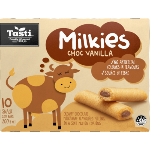 Tasti Milkies Choc Vanilla Snack Size Bars 10pk 200g | Auckland Grocery Delivery Get Tasti Milkies Choc Vanilla Snack Size Bars 10pk 200g delivered to your doorstep by your local Auckland grocery delivery. Shop Paddock To Pantry. Convenient online food shopping in NZ | Grocery Delivery Auckland | Grocery Delivery Nationwide | Fruit Baskets NZ | Online Food Shopping NZ 