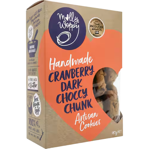 Molly Woppy Biscuits Cranberry Dark Choccy Chunk 185g | Auckland Grocery Delivery Get Molly Woppy Biscuits Cranberry Dark Choccy Chunk 185g delivered to your doorstep by your local Auckland grocery delivery. Shop Paddock To Pantry. Convenient online food shopping in NZ | Grocery Delivery Auckland | Grocery Delivery Nationwide | Fruit Baskets NZ | Online Food Shopping NZ Cranberry Dark Choccy Chunk Biscuits – Molly Woppy treats with grocery delivery NZ-wide.