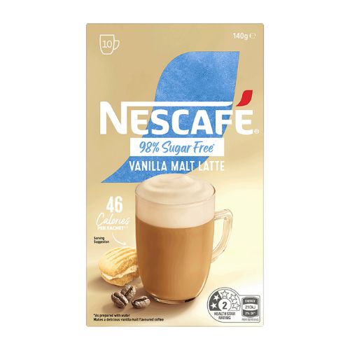 Nescafe 98% Sugar Free Vanilla Malt Latte 10 x 14g | Auckland Grocery Delivery Get Nescafe 98% Sugar Free Vanilla Malt Latte 10 x 14g delivered to your doorstep by your local Auckland grocery delivery. Shop Paddock To Pantry. Convenient online food shopping in NZ | Grocery Delivery Auckland | Grocery Delivery Nationwide | Fruit Baskets NZ | Online Food Shopping NZ 