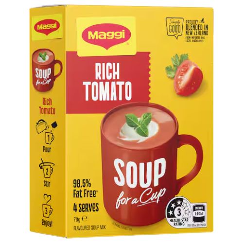 Maggi Soup For A Cup Rich Tomato 4 Pack 78g | Auckland Grocery Delivery Get Maggi Soup For A Cup Rich Tomato 4 Pack 78g delivered to your doorstep by your local Auckland grocery delivery. Shop Paddock To Pantry. Convenient online food shopping in NZ | Grocery Delivery Auckland | Grocery Delivery Nationwide | Fruit Baskets NZ | Online Food Shopping NZ 