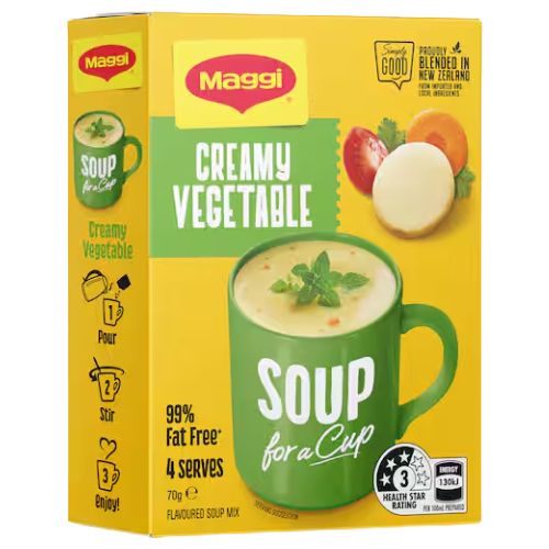 Maggi Soup For A Cup Creamy Vegetable 4 Pack 70g | Auckland Grocery Delivery Get Maggi Soup For A Cup Creamy Vegetable 4 Pack 70g delivered to your doorstep by your local Auckland grocery delivery. Shop Paddock To Pantry. Convenient online food shopping in NZ | Grocery Delivery Auckland | Grocery Delivery Nationwide | Fruit Baskets NZ | Online Food Shopping NZ 