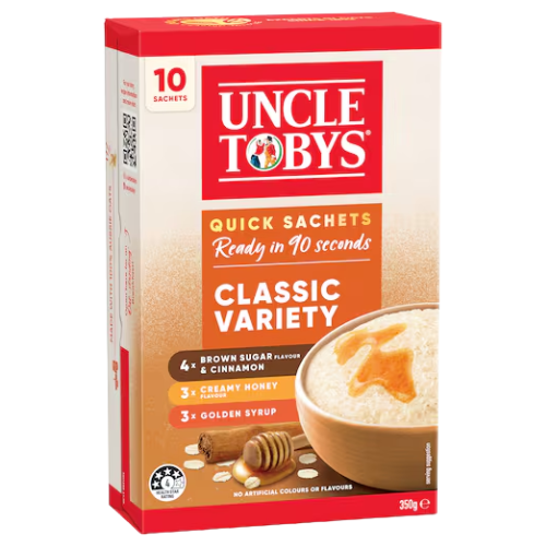 Uncle Tobys Oats Quick Sachets Classic Variety 10 Pack 350g | Auckland Grocery Delivery Get Uncle Tobys Oats Quick Sachets Classic Variety 10 Pack 350g delivered to your doorstep by your local Auckland grocery delivery. Shop Paddock To Pantry. Convenient online food shopping in NZ | Grocery Delivery Auckland | Grocery Delivery Nationwide | Fruit Baskets NZ | Online Food Shopping NZ 