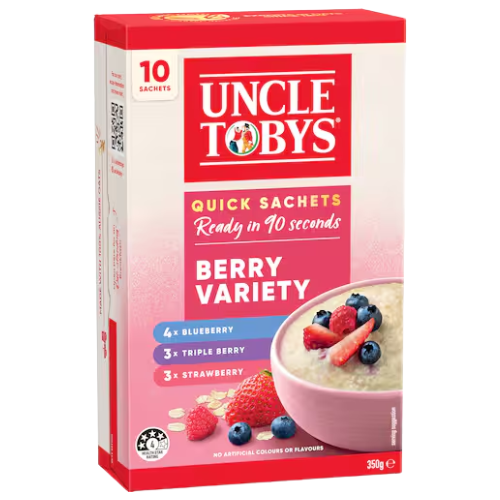 Uncle Tobys Oats Quick Sachets Berry Variety 10 Pack 350g | Auckland Grocery Delivery Get Uncle Tobys Oats Quick Sachets Berry Variety 10 Pack 350g delivered to your doorstep by your local Auckland grocery delivery. Shop Paddock To Pantry. Convenient online food shopping in NZ | Grocery Delivery Auckland | Grocery Delivery Nationwide | Fruit Baskets NZ | Online Food Shopping NZ 