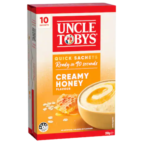 Uncle Tobys Oats Quick Sachets Creamy Honey 10 Pack 350g | Auckland Grocery Delivery Get Uncle Tobys Oats Quick Sachets Creamy Honey 10 Pack 350g delivered to your doorstep by your local Auckland grocery delivery. Shop Paddock To Pantry. Convenient online food shopping in NZ | Grocery Delivery Auckland | Grocery Delivery Nationwide | Fruit Baskets NZ | Online Food Shopping NZ 