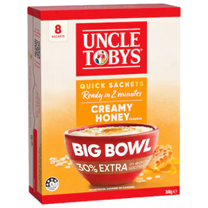 Uncle Tobys Oats Quick Sachets Creamy Honey Big Bowl 8 Pack 368g | Auckland Grocery Delivery Get Uncle Tobys Oats Quick Sachets Creamy Honey Big Bowl 8 Pack 368g delivered to your doorstep by your local Auckland grocery delivery. Shop Paddock To Pantry. Convenient online food shopping in NZ | Grocery Delivery Auckland | Grocery Delivery Nationwide | Fruit Baskets NZ | Online Food Shopping NZ 
