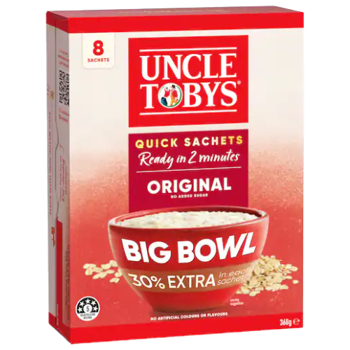Uncle Tobys Oats Quick Sachets Original Big Bowl 8 Pack 368g | Auckland Grocery Delivery Get Uncle Tobys Oats Quick Sachets Original Big Bowl 8 Pack 368g delivered to your doorstep by your local Auckland grocery delivery. Shop Paddock To Pantry. Convenient online food shopping in NZ | Grocery Delivery Auckland | Grocery Delivery Nationwide | Fruit Baskets NZ | Online Food Shopping NZ 