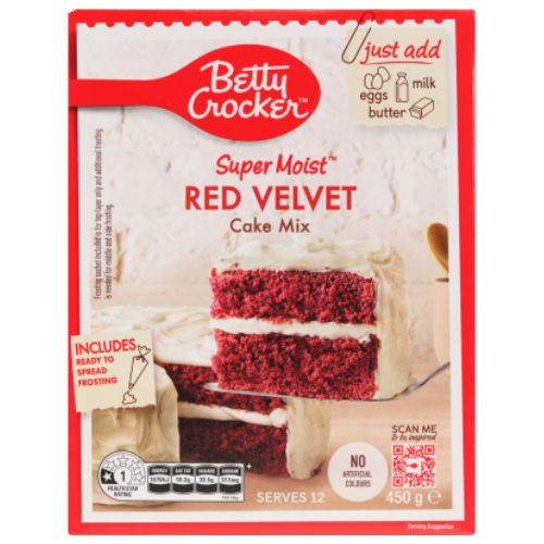 Betty Crocker Red Velvet Cake Mix 450g | Auckland Grocery Delivery Get Betty Crocker Red Velvet Cake Mix 450g delivered to your doorstep by your local Auckland grocery delivery. Shop Paddock To Pantry. Convenient online food shopping in NZ | Grocery Delivery Auckland | Grocery Delivery Nationwide | Fruit Baskets NZ | Online Food Shopping NZ 