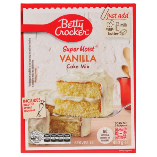 Betty Crocker Vanilla Cake Mix 450g | Auckland Grocery Delivery Get Betty Crocker Vanilla Cake Mix 450g delivered to your doorstep by your local Auckland grocery delivery. Shop Paddock To Pantry. Convenient online food shopping in NZ | Grocery Delivery Auckland | Grocery Delivery Nationwide | Fruit Baskets NZ | Online Food Shopping NZ 