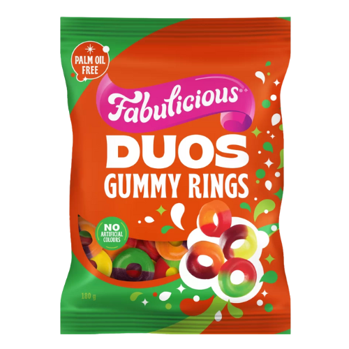 Rj's Fabulicious Duos Gummy Rings 180g | Auckland Grocery Delivery Get Rj's Fabulicious Duos Gummy Rings 180g delivered to your doorstep by your local Auckland grocery delivery. Shop Paddock To Pantry. Convenient online food shopping in NZ | Grocery Delivery Auckland | Grocery Delivery Nationwide | Fruit Baskets NZ | Online Food Shopping NZ Savour double the flavour with Fabulicious Duos Gummy Rings—fun fruity combos. Mouth-watering and delicious! Your trusted online grocery delivery NZ. 