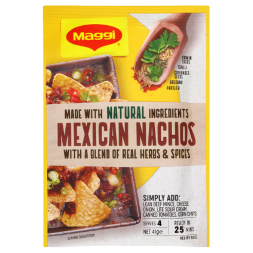 Maggi Mexican Nachos Recipe Base Sachet 41g | Auckland Grocery Delivery Get Maggi Mexican Nachos Recipe Base Sachet 41g delivered to your doorstep by your local Auckland grocery delivery. Shop Paddock To Pantry. Convenient online food shopping in NZ | Grocery Delivery Auckland | Grocery Delivery Nationwide | Fruit Baskets NZ | Online Food Shopping NZ 
