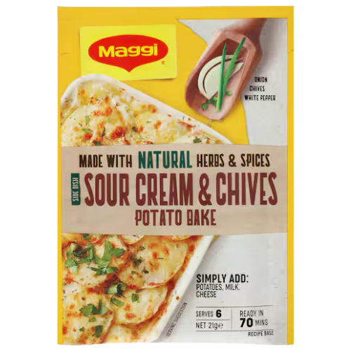Maggi Side Dish Potato Bake Sour Cream & Chives 21g | Auckland Grocery Delivery Get Maggi Side Dish Potato Bake Sour Cream & Chives 21g delivered to your doorstep by your local Auckland grocery delivery. Shop Paddock To Pantry. Convenient online food shopping in NZ | Grocery Delivery Auckland | Grocery Delivery Nationwide | Fruit Baskets NZ | Online Food Shopping NZ 