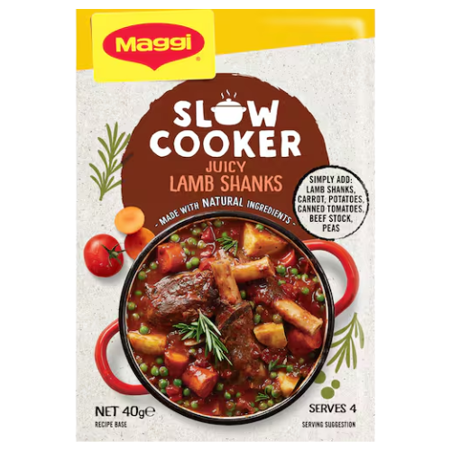 Maggi Slow Cooker Recipe Base Lamb Shanks 40g | Auckland Grocery Delivery Get Maggi Slow Cooker Recipe Base Lamb Shanks 40g delivered to your doorstep by your local Auckland grocery delivery. Shop Paddock To Pantry. Convenient online food shopping in NZ | Grocery Delivery Auckland | Grocery Delivery Nationwide | Fruit Baskets NZ | Online Food Shopping NZ 