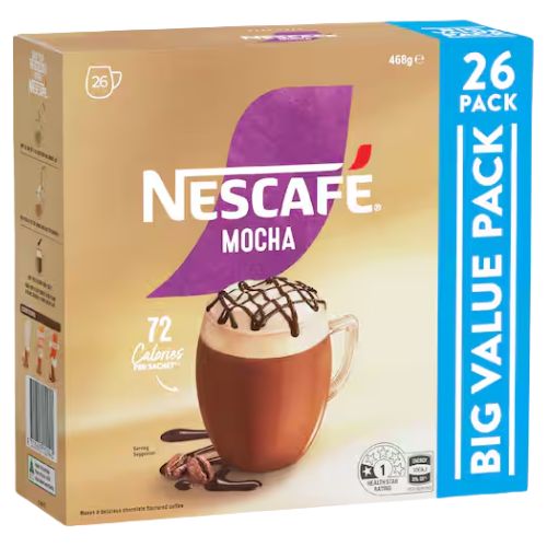 Nescafe Mocha Coffee Sachets 26 x 18g | Auckland Grocery Delivery Get Nescafe Mocha Coffee Sachets 26 x 18g delivered to your doorstep by your local Auckland grocery delivery. Shop Paddock To Pantry. Convenient online food shopping in NZ | Grocery Delivery Auckland | Grocery Delivery Nationwide | Fruit Baskets NZ | Online Food Shopping NZ 