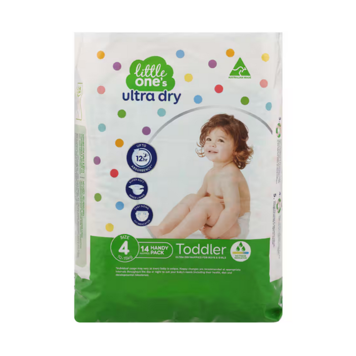 Little Ones Size 4 Toddler 9-14 kg Nappies | Auckland Grocery Delivery Get Little Ones Size 4 Toddler 9-14 kg Nappies delivered to your doorstep by your local Auckland grocery delivery. Shop Paddock To Pantry. Convenient online food shopping in NZ | Grocery Delivery Auckland | Grocery Delivery Nationwide | Fruit Baskets NZ | Online Food Shopping NZ Little Ones Size 4 Nappies have a super soft breathable inner lining with up to 12hrs absorbency, triple layer technology and an easy fit indicator on front. 