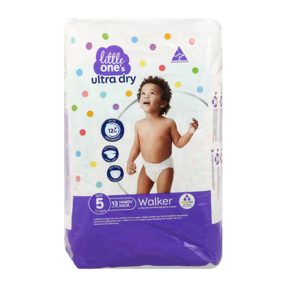 Little Ones Size 5 Walker Nappies 12-17 kg | Auckland Grocery Delivery Get Little Ones Size 5 Walker Nappies 12-17 kg delivered to your doorstep by your local Auckland grocery delivery. Shop Paddock To Pantry. Convenient online food shopping in NZ | Grocery Delivery Auckland | Grocery Delivery Nationwide | Fruit Baskets NZ | Online Food Shopping NZ Little Ones Size 5 Nappies have a super soft breathable inner lining with up to 12hrs absorbency, triple layer technology and easy fit indicator on front.