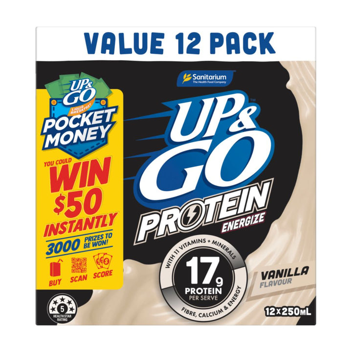 Up & Go Protein Liquid Break Energize Vanilla 12pk | Auckland Grocery Delivery Get Up & Go Protein Liquid Break Energize Vanilla 12pk delivered to your doorstep by your local Auckland grocery delivery. Shop Paddock To Pantry. Convenient online food shopping in NZ | Grocery Delivery Auckland | Grocery Delivery Nationwide | Fruit Baskets NZ | Online Food Shopping NZ Up & Go Protein Energize Vanilla 12pk. High-protein liquid breakfast with smooth vanilla flavour — shop breakfast drinks online with NZ grocery 